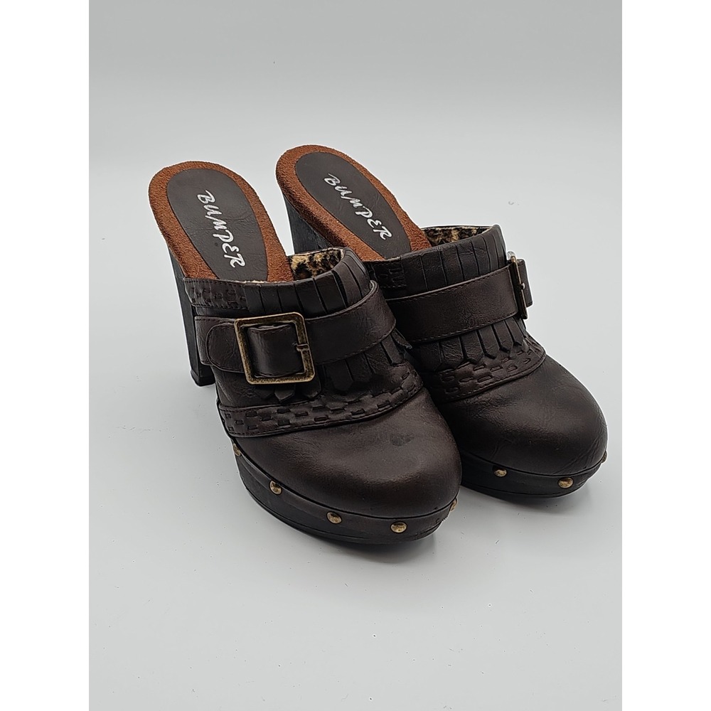 Bumper Women's Brown Buckle Clog Mules Platform Slip On Heels Size 6.5
